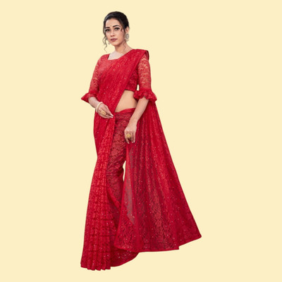 NORAFLEXx Solid/Plain Bollywood Net Saree(Red)