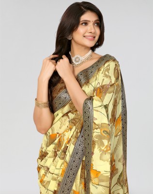 ANIRAV Printed Daily Wear Georgette, Lace Saree(Yellow)