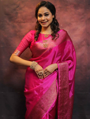 Shop Deals Printed, Solid/Plain Banarasi Silk Blend Saree(Pink)