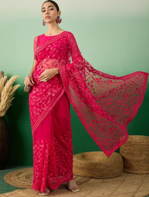 Vijay Fashion Floral Print, Embroidered Bollywood Net Saree(Pink)