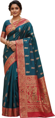 Rajeswari Boutiques Paisley Baluchari Pure Silk Saree(Dark Blue, Red)