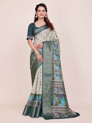 MAHARANI04CREATION Printed, Digital Print, Floral Print Kalamkari Art Silk, Jacquard Saree(Dark Green, Beige)