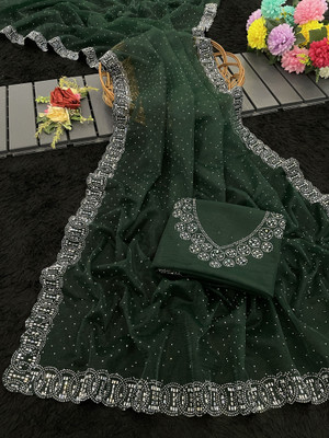 HouseOfCommon Embellished Bollywood Supernet Saree(Green)