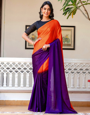 Satrani Ombre, Solid/Plain Bollywood Chiffon, Georgette Saree(Purple, Orange)