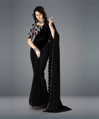 JenaFashion Embroidered Banarasi Georgette Saree(Black)