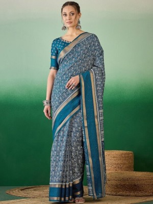 Vraggi Printed Bollywood Cotton Silk Saree(Light Blue)