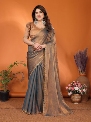 Moda Rapido Embellished, Solid/Plain Bollywood Tissue Saree(Brown)