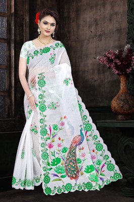 Tanishika creation Floral Print Handloom Pure Cotton Saree(White, Green)