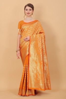 Bansari Textiles Printed Banarasi Jacquard, Cotton Silk Saree(Orange)