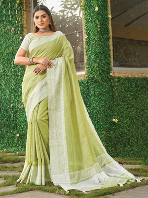 Tasrika Woven Handloom Linen Saree(Light Green)