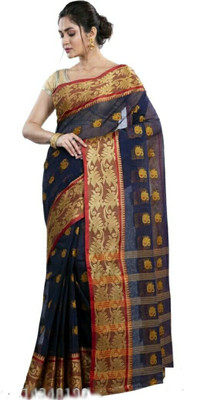 Ruuprekha Self Design Tant Pure Cotton Saree(Dark Blue)