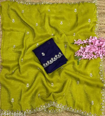 Vragi Embroidered, Embellished Bollywood Jimmy choo Saree(Yellow)