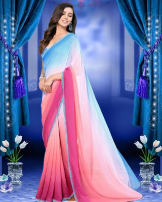 Jayu Printed Bollywood Georgette Saree(Blue, Pink)