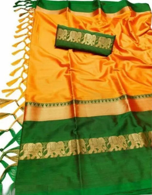 KanjiQueen Woven Kanjivaram Cotton Silk, Silk Blend Saree(Green, Yellow)