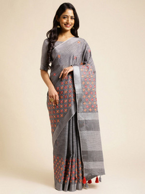 NEGRONI Printed Daily Wear Cotton Linen Saree(Grey)