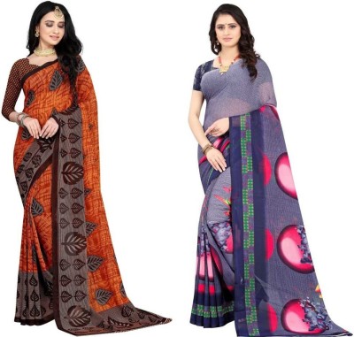 Leelavati Printed Daily Wear Georgette Saree(Pack of 2, Orange, Grey)