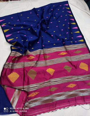 matri textile Color Block Handloom Cotton Silk Saree(Blue)