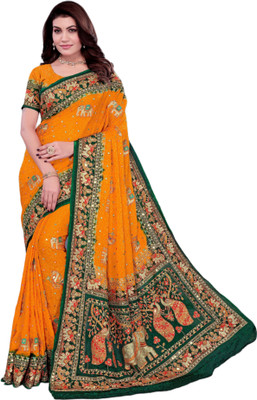 Saree Sarovar Self Design Saree with Attached Blouse Silk Blend Saree(Yellow)
