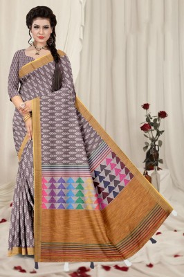 Pionex Woven, Printed, Digital Print, Floral Print, Geometric Print, Graphic Print Daily Wear Cotton Linen Saree(Brown)