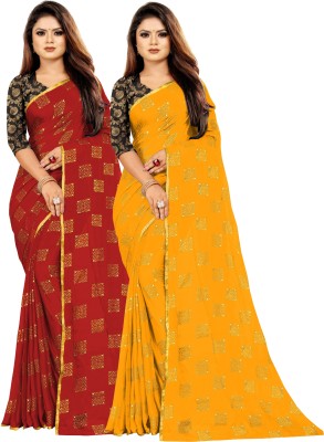 RHEY Printed Bollywood Chiffon Saree(Pack of 2, Red, Yellow)