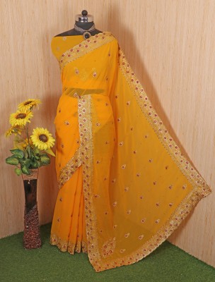 The Silk Shop Embroidered Bollywood Georgette Saree(Yellow)