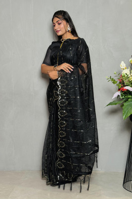 JP STORESS Embroidered Bollywood Net Saree(Black)