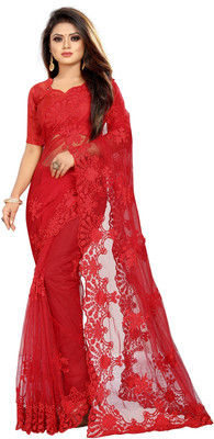 Barkiya Creation Embroidered Bollywood Net Saree(Red)