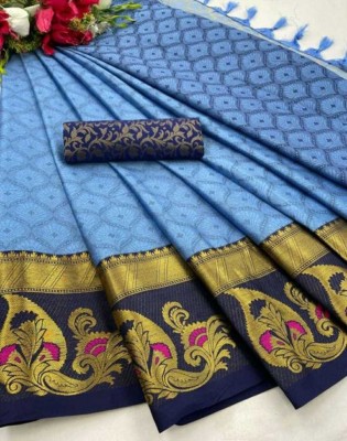 Dhami Floral Print Kanjivaram Cotton Blend, Cotton Silk Saree(Light Blue, Blue)