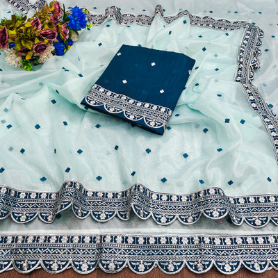 Mikhushop Embroidered Bollywood Supernet Saree(Light Blue)