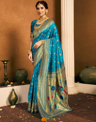 Samah Woven, Embellished Paithani Silk Blend, Jacquard Saree(Blue)