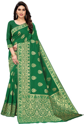 Pdfabrics Self Design Bollywood Jacquard Saree(Green)