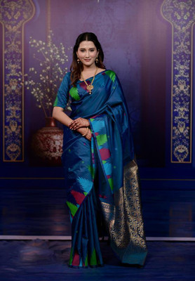 VIRDHI TEXTILE Geometric Print, Self Design Bollywood Silk Blend Saree(Blue)