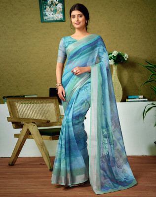 Tasrika Digital Print, Floral Print, Embellished Bollywood Linen Saree(Green, Blue)