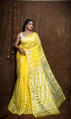 RIDDHIMAN FASHION Self Design Jamdani Cotton Linen Saree(Yellow)