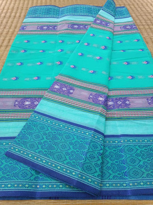 KhayaFashion Woven Tant Pure Cotton Saree(Light Blue)