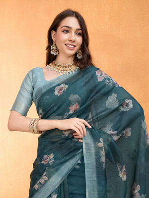 MANTROTSAV Digital Print Bollywood Silk Blend Saree(Blue)