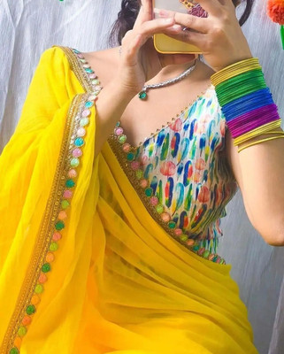 Aastikay Embroidered Bollywood Chiffon, Georgette Saree(Yellow, Multicolor)