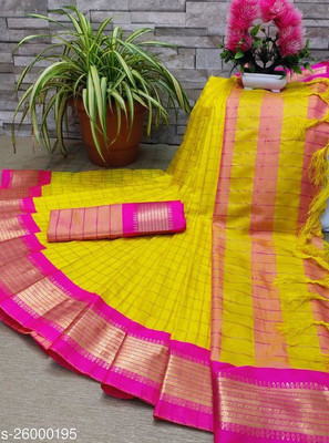Vleez Checkered Bollywood Pure Cotton Saree(Yellow)