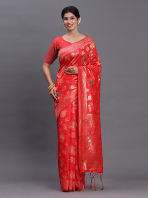 Tasrika Woven Banarasi Cotton Silk Saree(Red)
