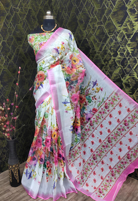 VCREATION Digital Print Bollywood Cotton Linen Saree(Grey)