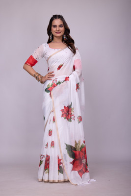 EGL Floral Print, Printed Bollywood Cotton Blend Saree(White, Red)
