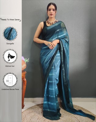 Samah Dyed, Striped, Embellished Bollywood Georgette Saree(Blue)