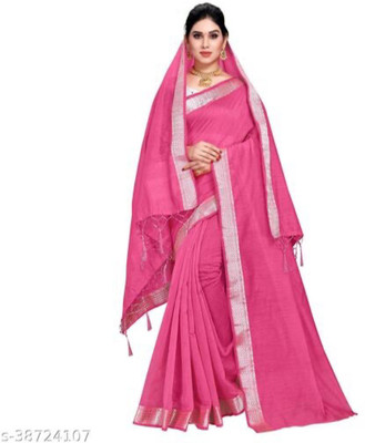 DHRUV CREATION Solid/Plain Bollywood Cotton Blend Saree(Pink)