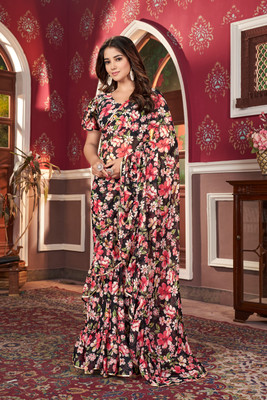 sparrow art Floral Print Bollywood Georgette Saree(Multicolor)