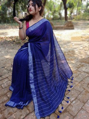 CITISHOP Solid/Plain Handloom Cotton Blend Saree(Blue)