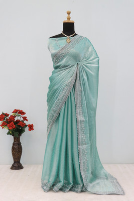 Jennyfab Embellished Bollywood Brasso Saree(Light Blue)