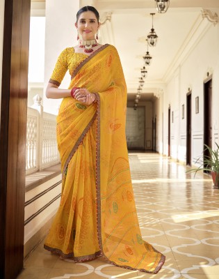 Divastri Embellished, Geometric Print, Printed Bandhani Chiffon Saree(Yellow, Multicolor)