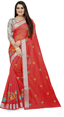 Indian Fashionista Embroidered Bollywood Cotton Blend Saree(Orange)