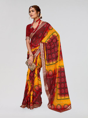 Nirvaan Digital Print Bandhani Georgette, Lace Saree(Maroon)
