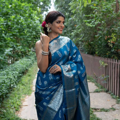 Bansari Textiles Woven Daily Wear Jacquard, Art Silk Saree(Light Blue)